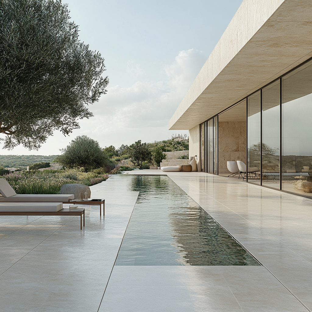 Modern villa garden terrace with cream resin floor pool.