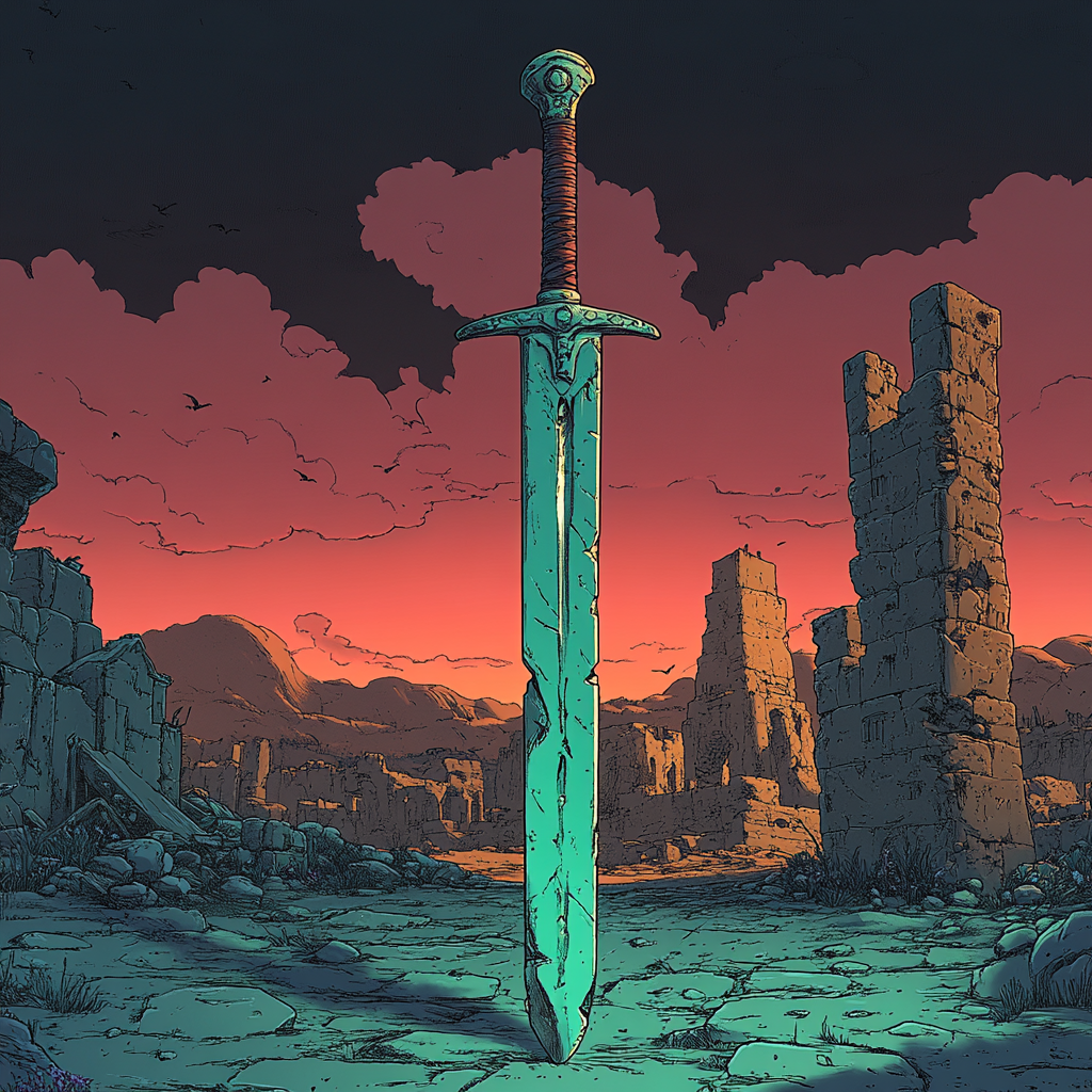 Moebius Artstyle Sword and Ruins Cartoon Illustration