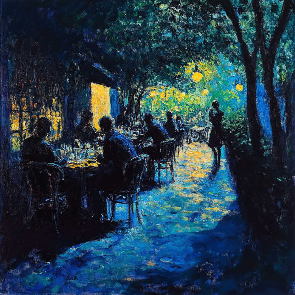 Monet painting in New York with people in cafe.