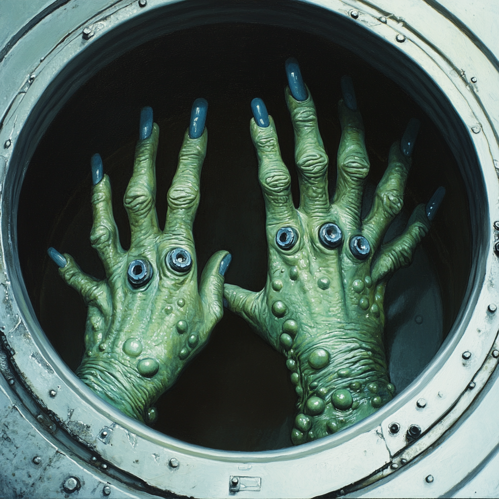 Monster's green hands with blue suction cups holding human.