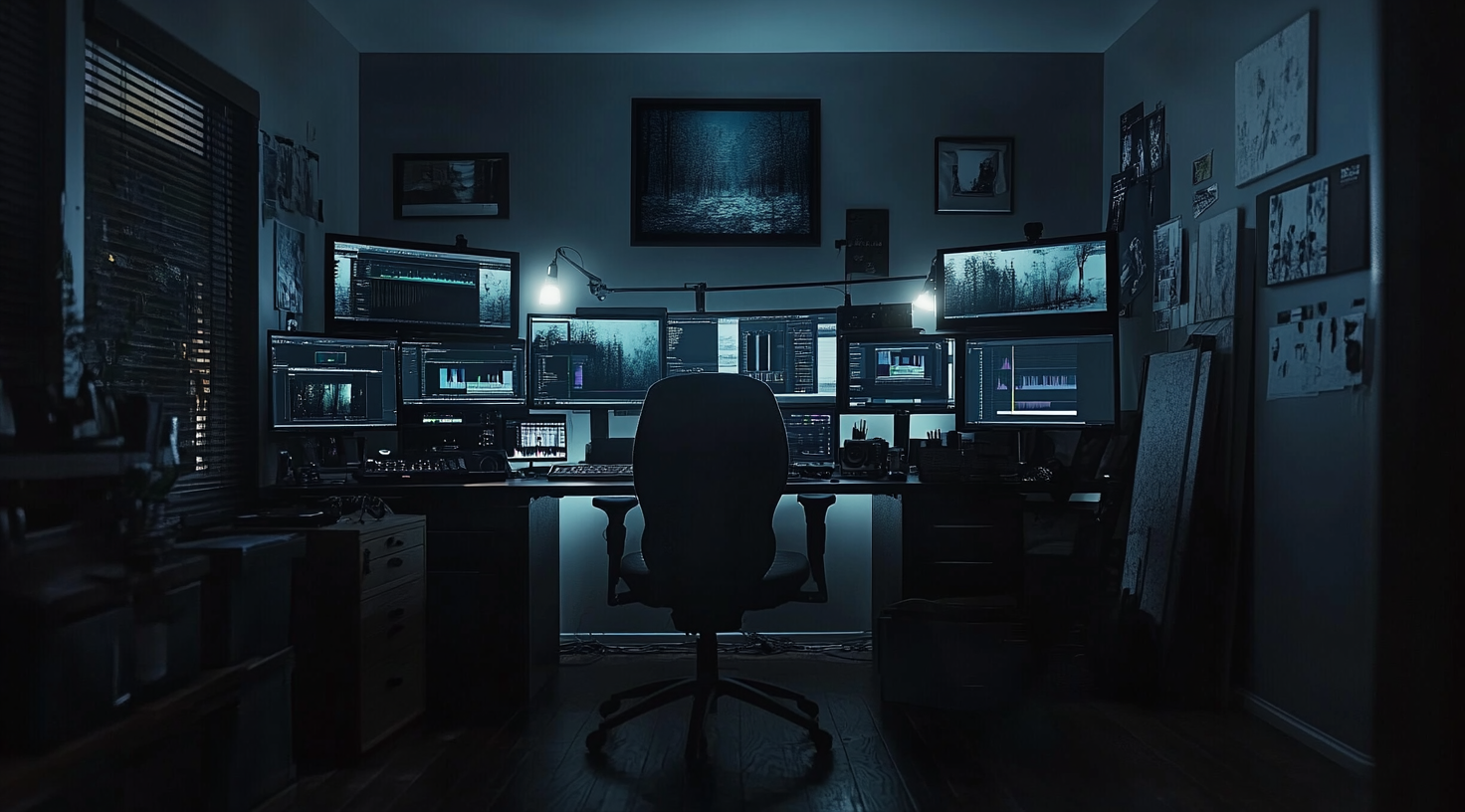 Moody room with desk of monitors showing video software.