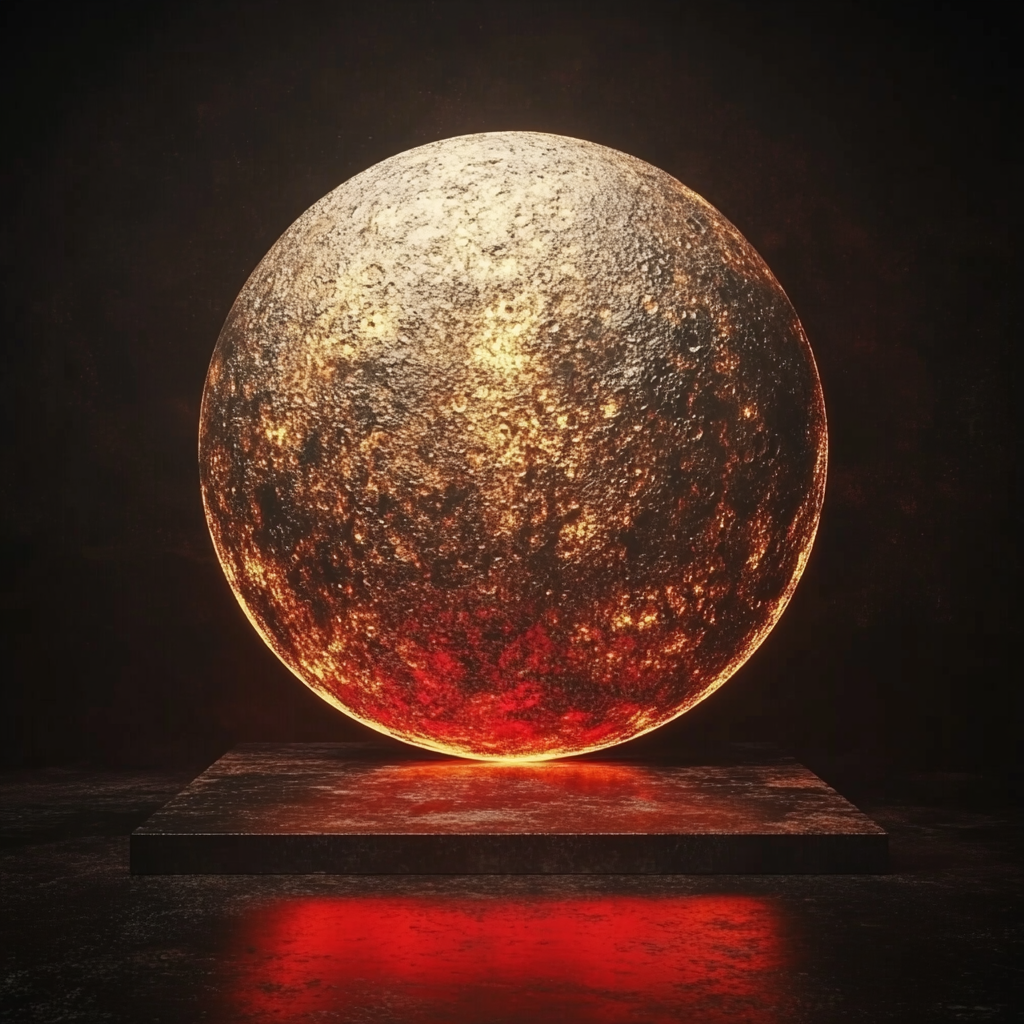 Moon shining above metallic sculpture in red and dark.