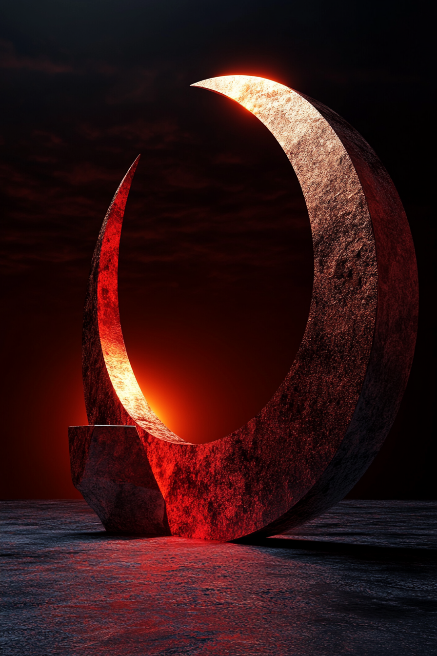 Moonrise shining above metallic sculpture in red and dark.