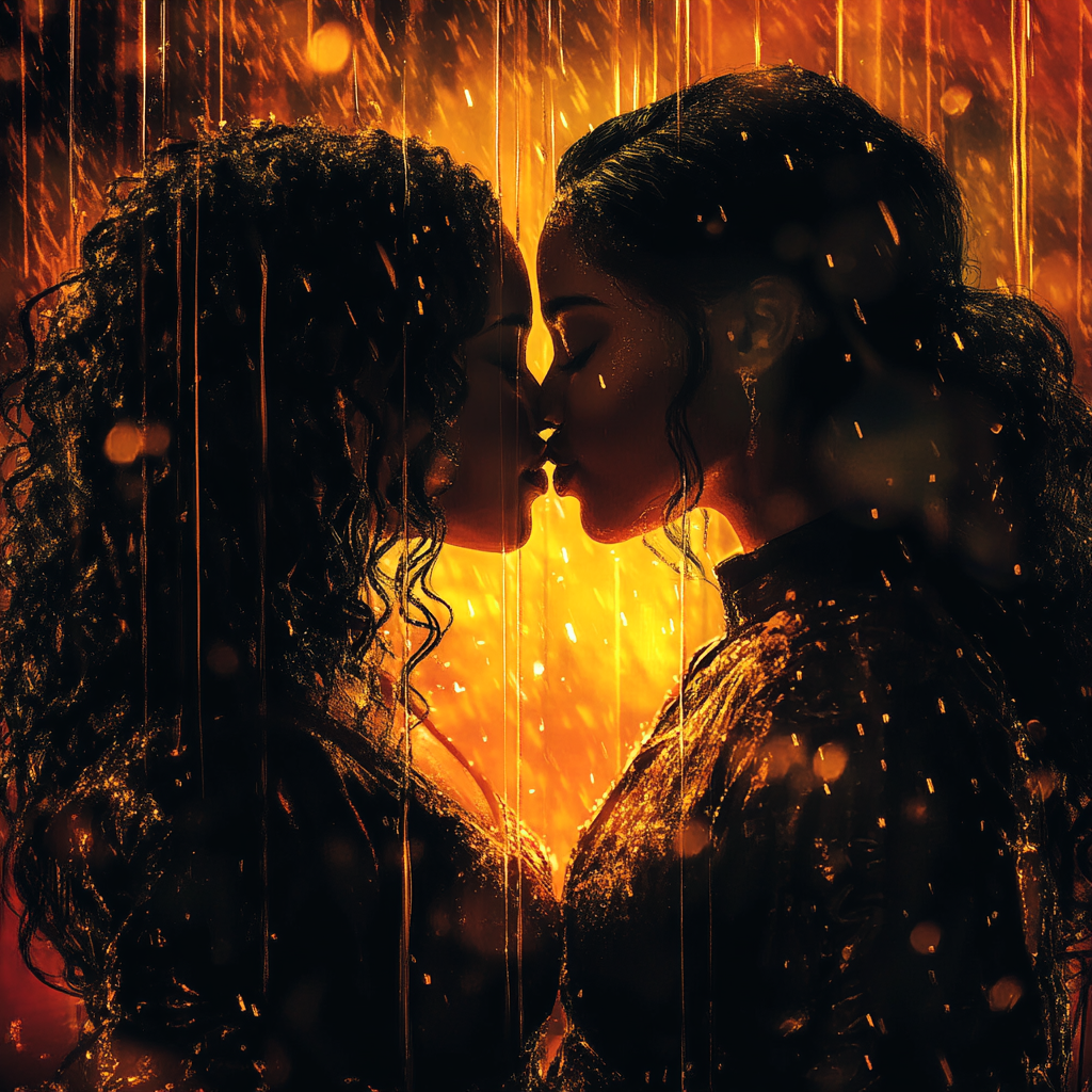 Movie poster: 2 women kissing in rain, cinematic, golden hour, fem fatal text, realistic style.