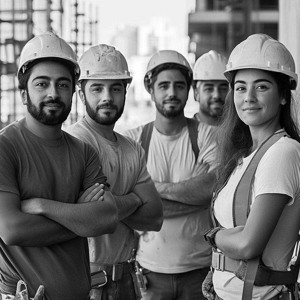 Multicultural workers on site, proud, black and white photo.