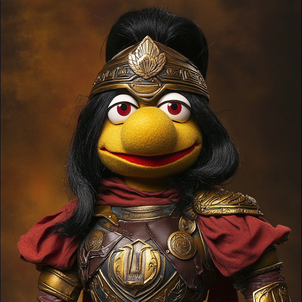 Muppet-style puppet of Lady Sparta in Spartan Armor