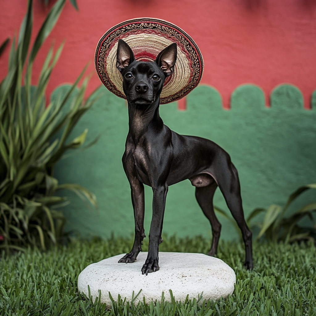 Muscular Black Xoloitzcuintle in Mexican Hat on Stone 