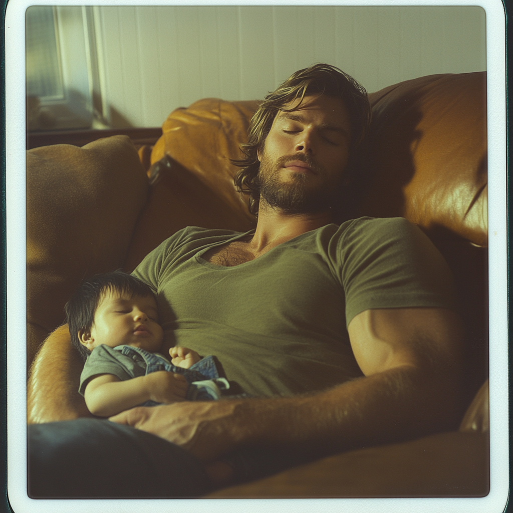 Muscular man with toddler asleep on chest Polaroid photo