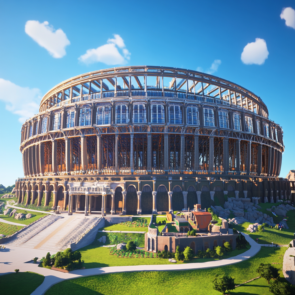 NFL stadium with steel, glass, Roman gardens entrance