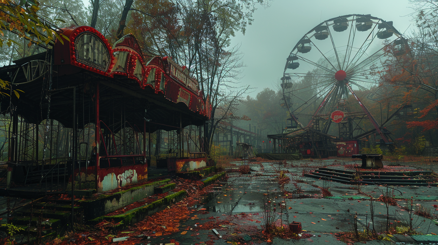 Nature overgrows abandoned amusement park, rides rusted.