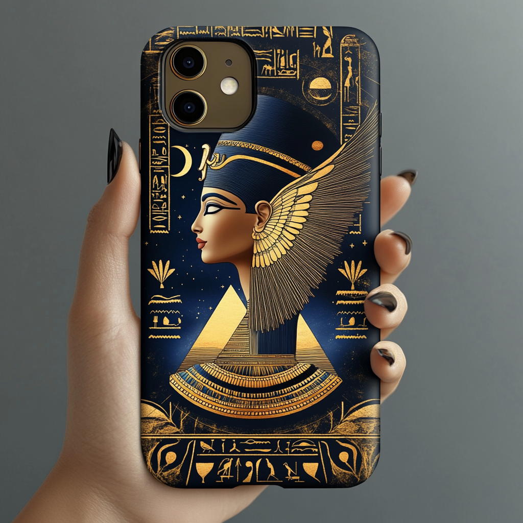 Nefertiti, Isis, pyramids, hieroglyphs, gold accents, twilight sky.