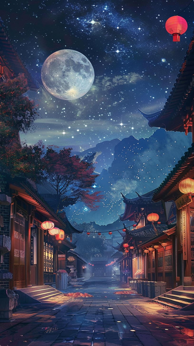 Night sky with moon, lanterns, rabbit, and stars.