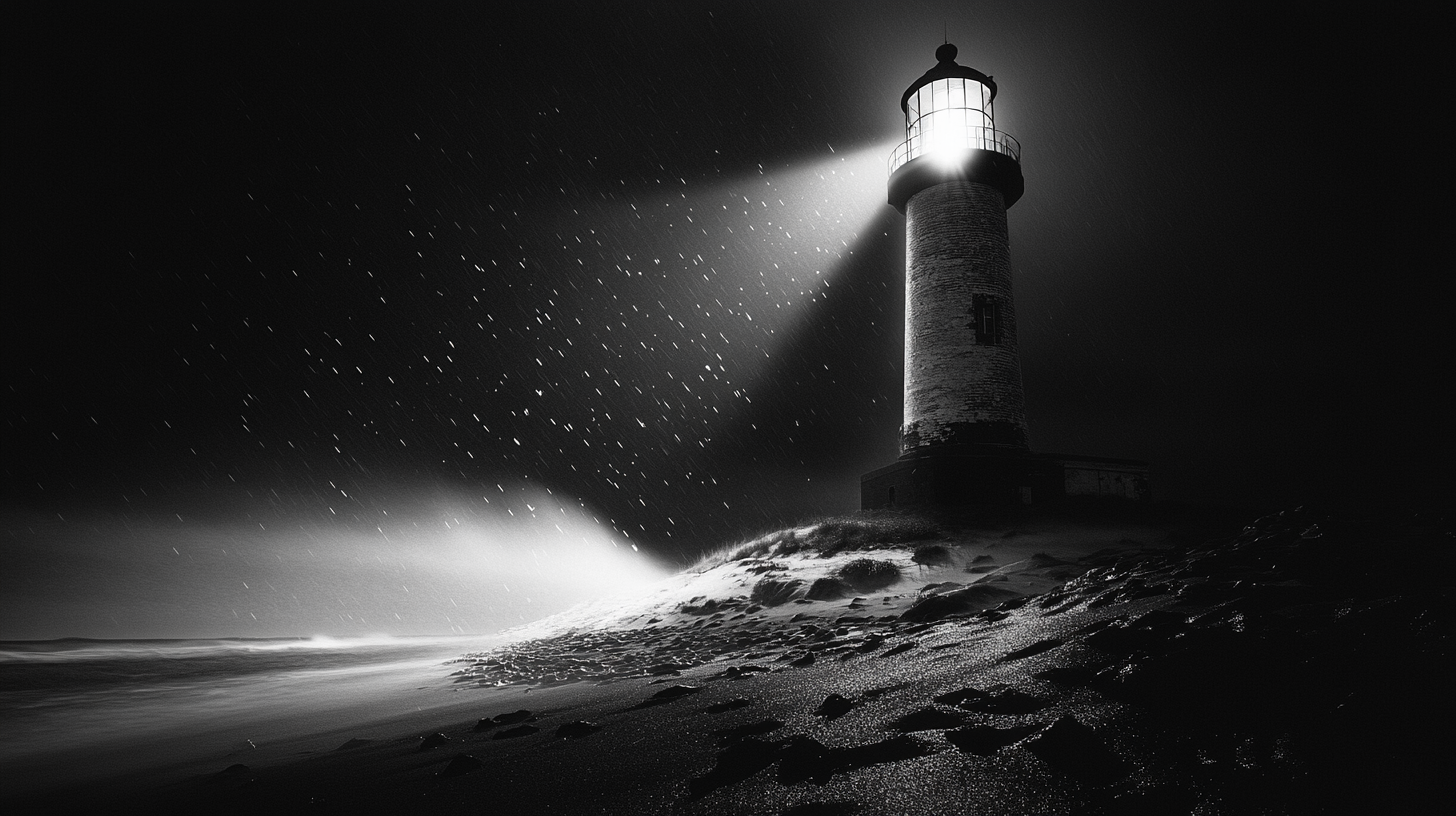 Night-time lighthouse photography, detailed texture, cinematic lighting detail.