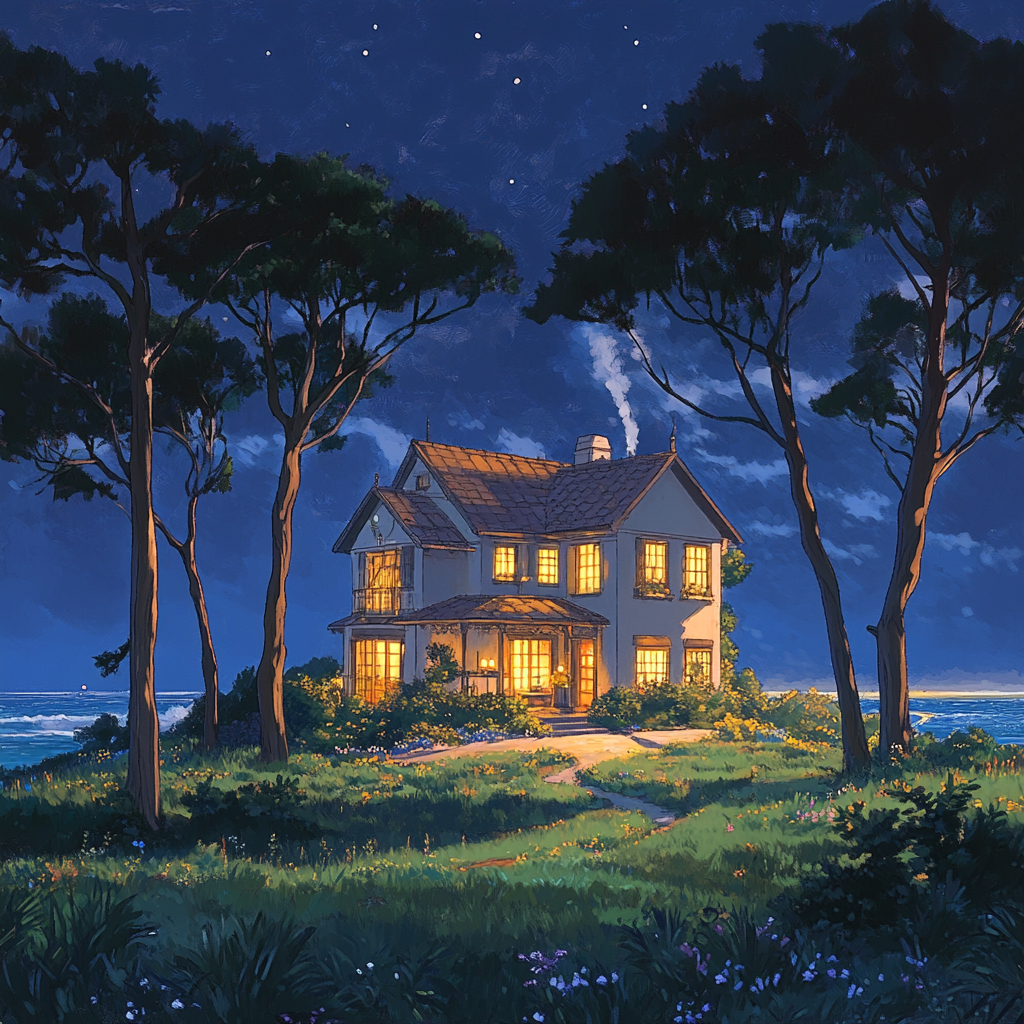 Nighttime ocean view with magical house surrounded by trees.