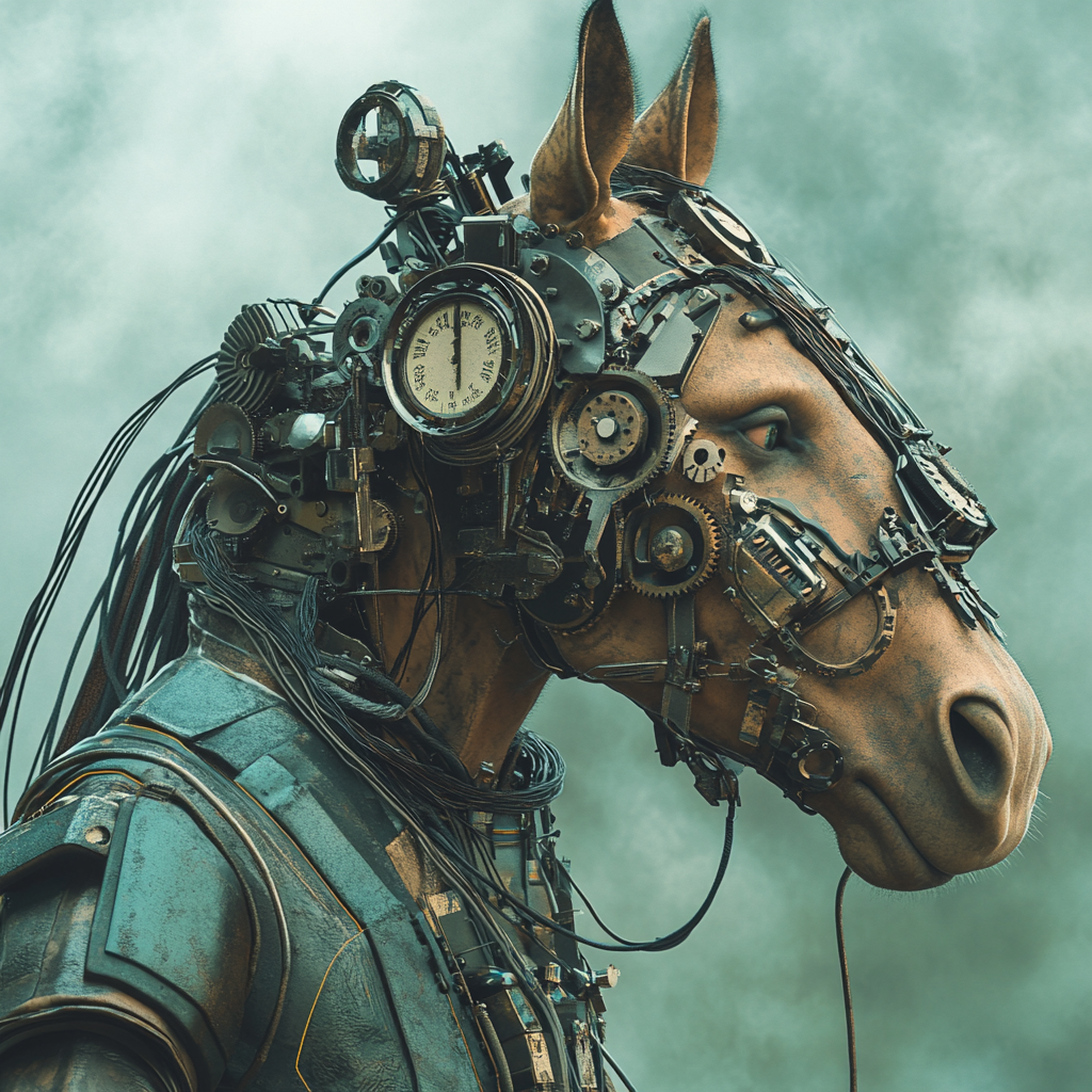 Nomad Kazakh warrior cyborg portrait with mechanical horse.