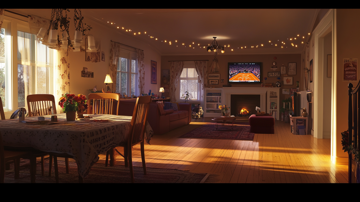 Nostalgic living room with basketball games on TV.