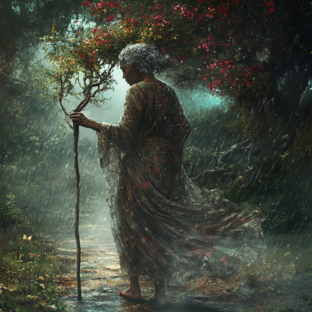 Old Haitian woman with walking stick, blooming trees.