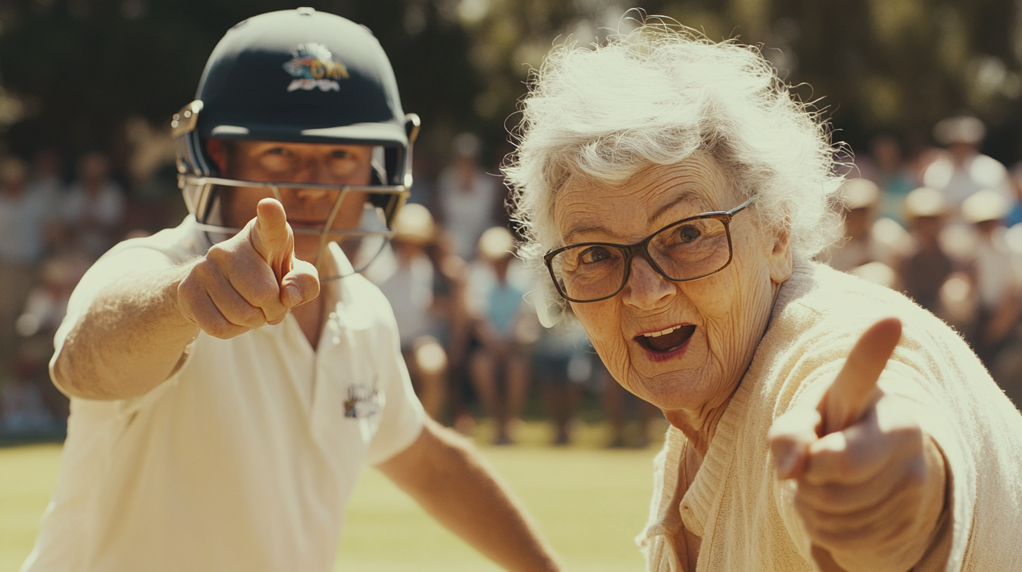 Old lady pointing finger guns at cricket batsman.