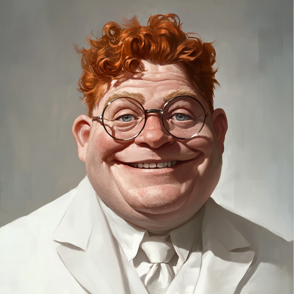 Older man in white suit with red hair smile.