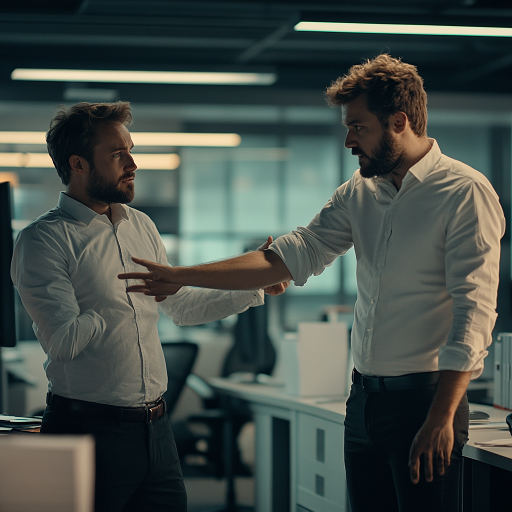 One worker presents arm, other looks uncomfortable, cinematic.