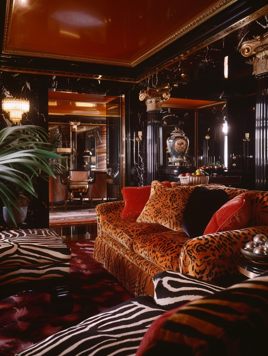 Opulent Art Deco living room with zebra print accents.