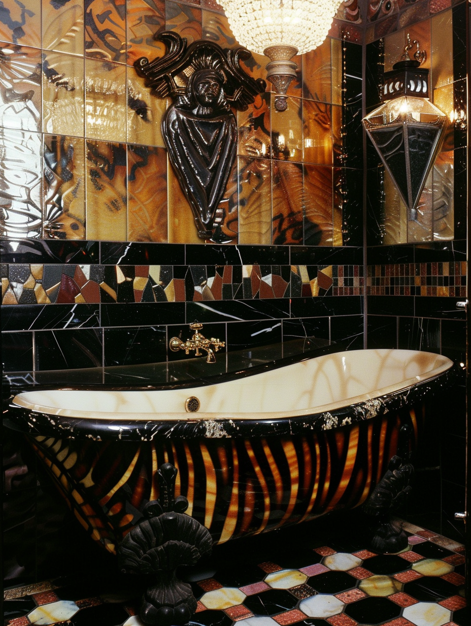 Opulent bathroom with zebra print sink and black marble.