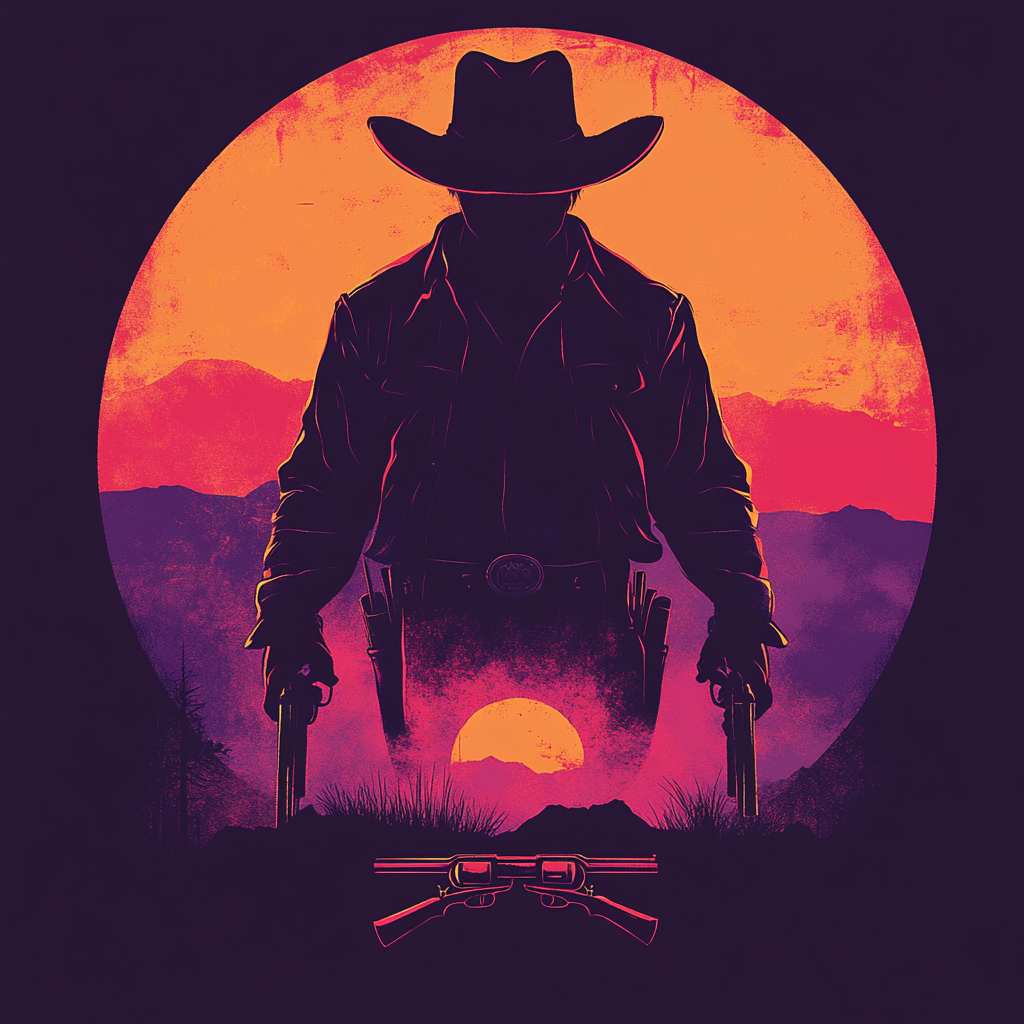 Outlaw with revolvers in Wild West sunset.