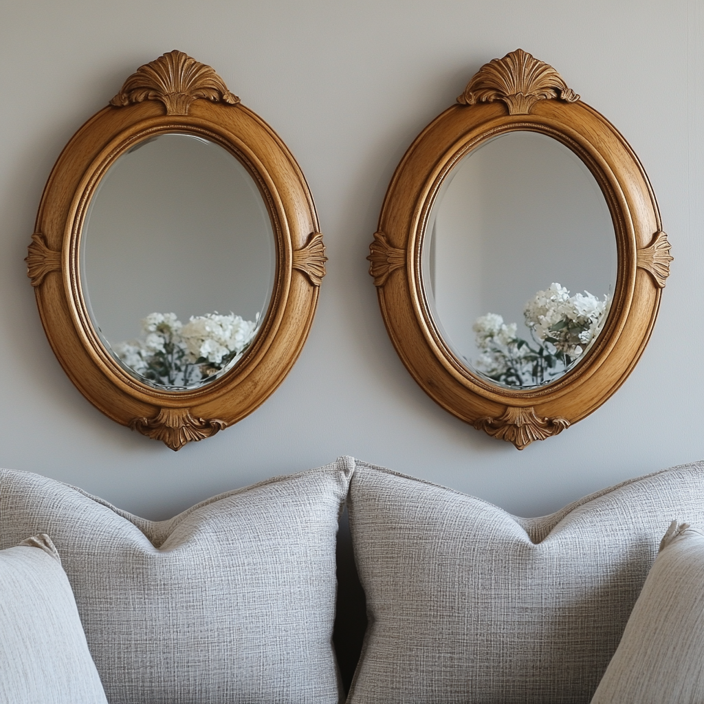 Oval crystal mirrors with wooden frames in old gold.