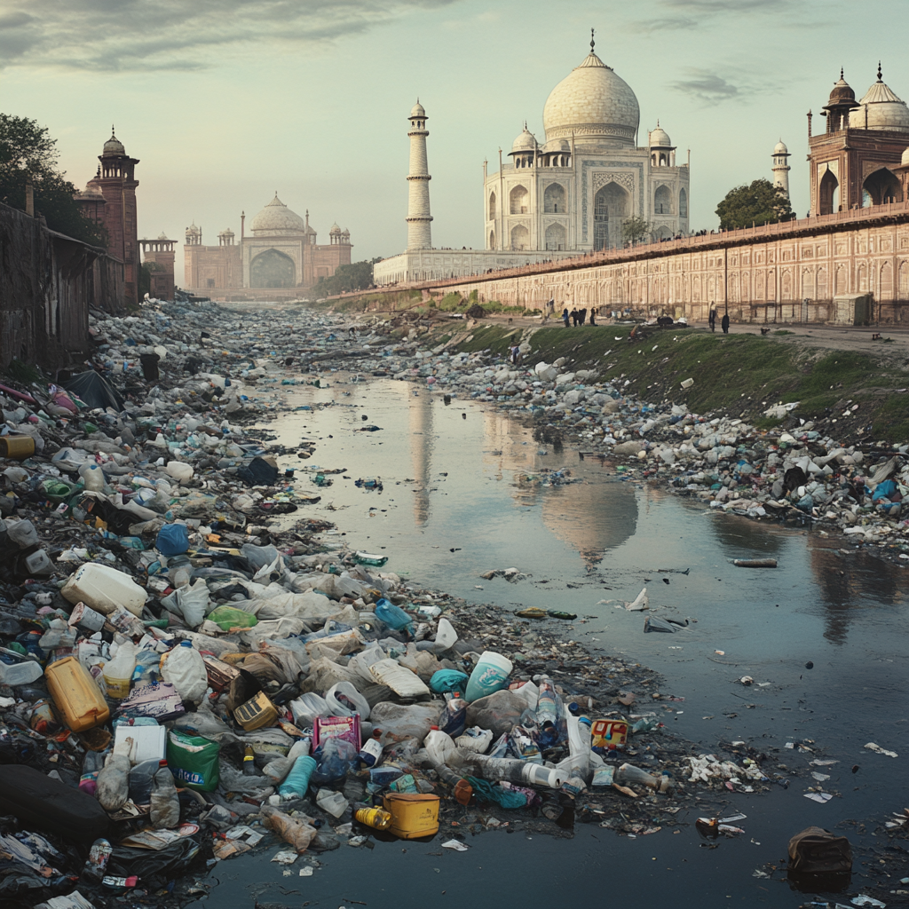 Overflowing plastic waste in Indian streets, rivers, landscapes. Taj Mahal visible.