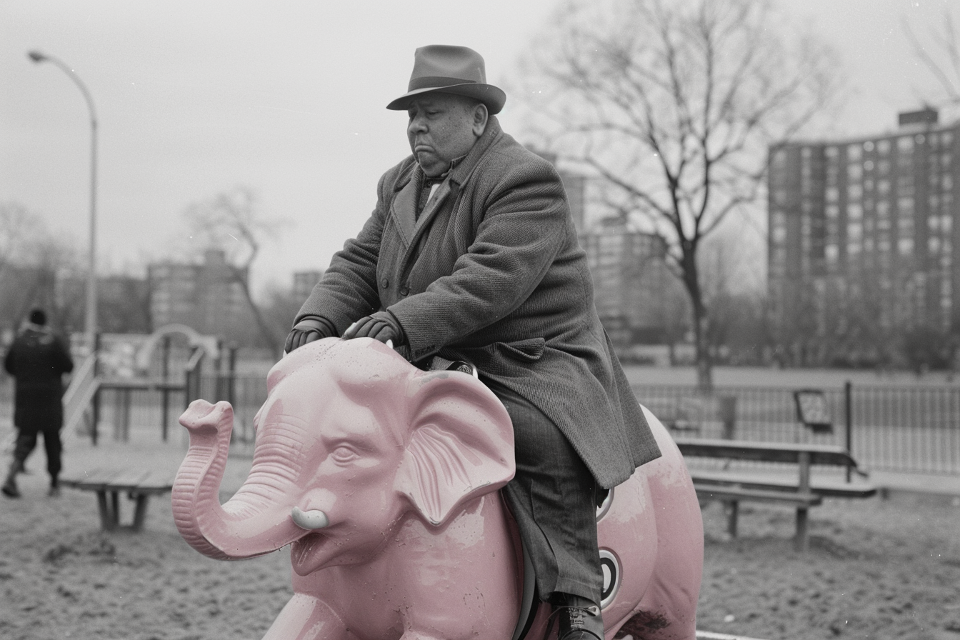 Overweight man in winter jacket rides pink elephant.