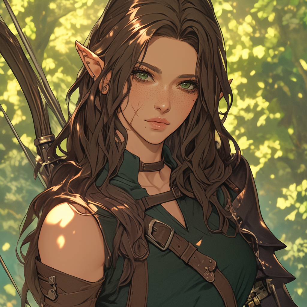 Pale-skinned elf with brown hair and green eyes.