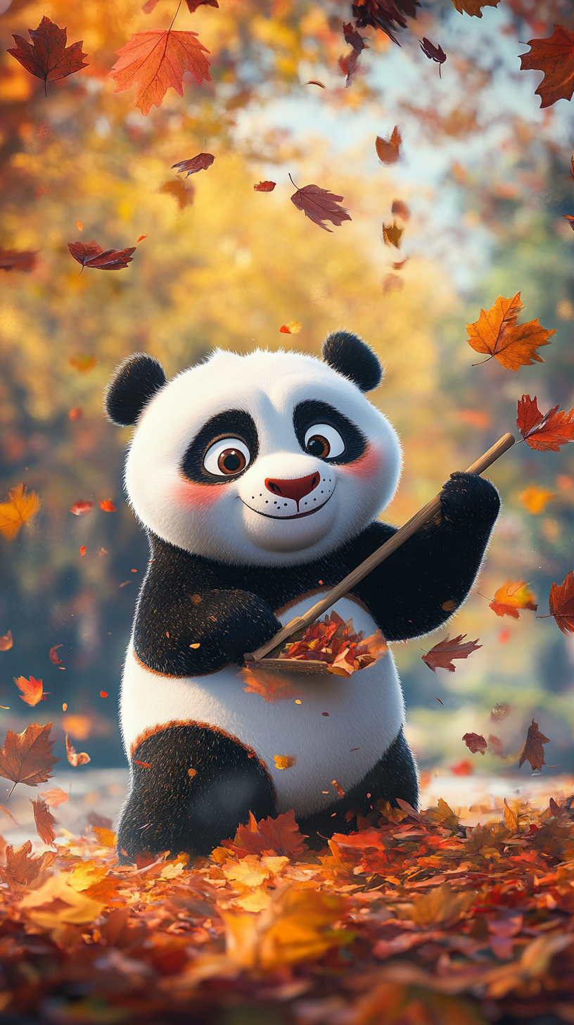 Panda sweeping leaves in colorful Pixar-style park.