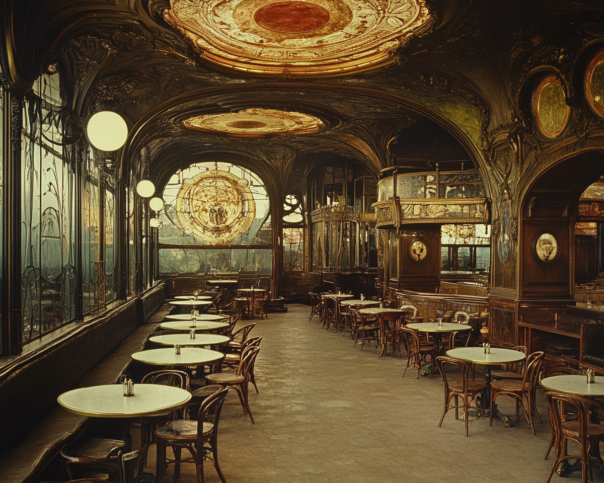 Parisian cafe interior with circular tables from 20th century.