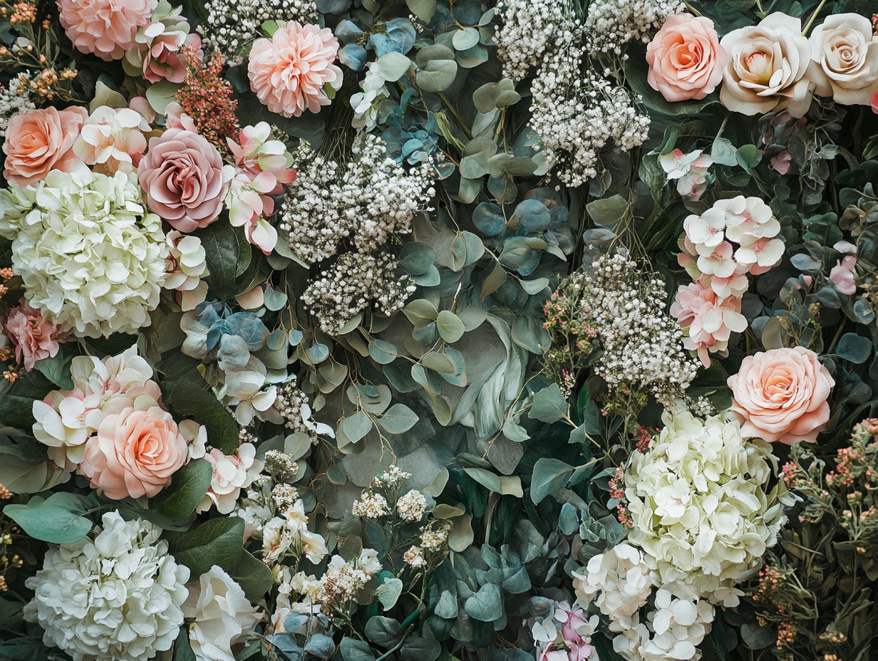 Pastel color flowers in green and white tones.