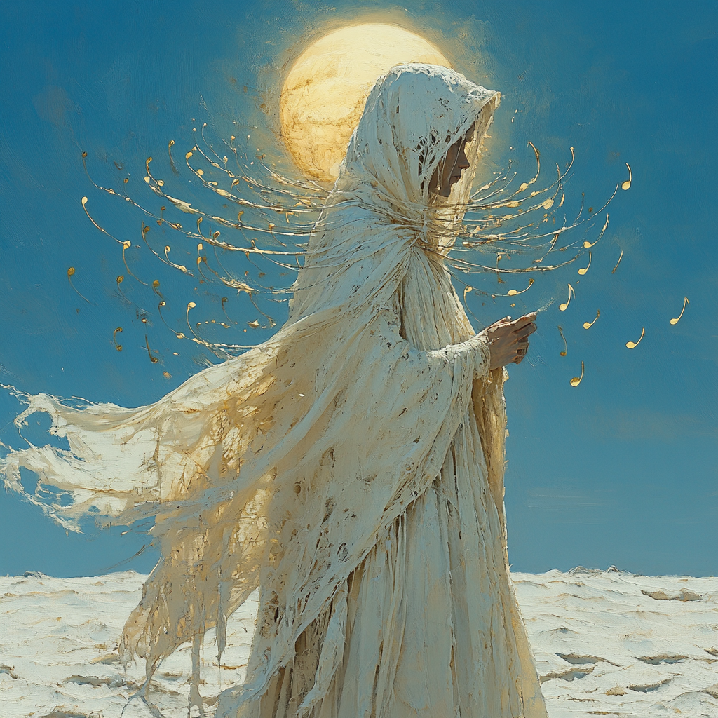 Person in white robe with hood, music notes, desert.