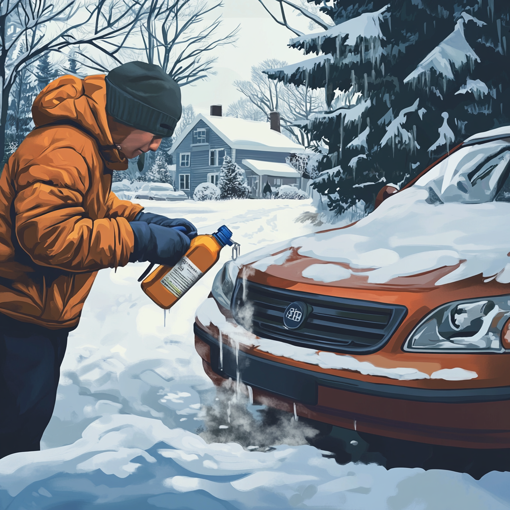 Person pours antifreeze into car's engine in winter.