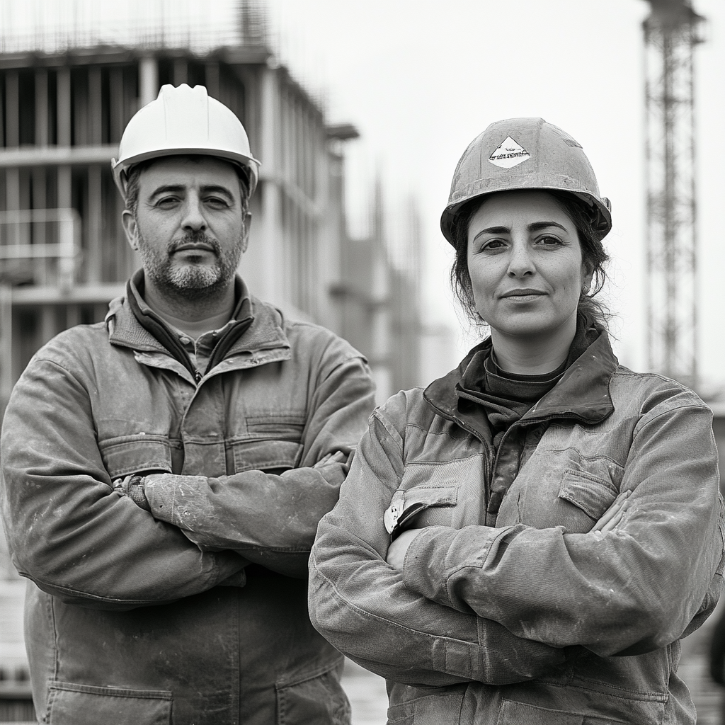 Photo of Moroccan man, European woman, workers in construction.