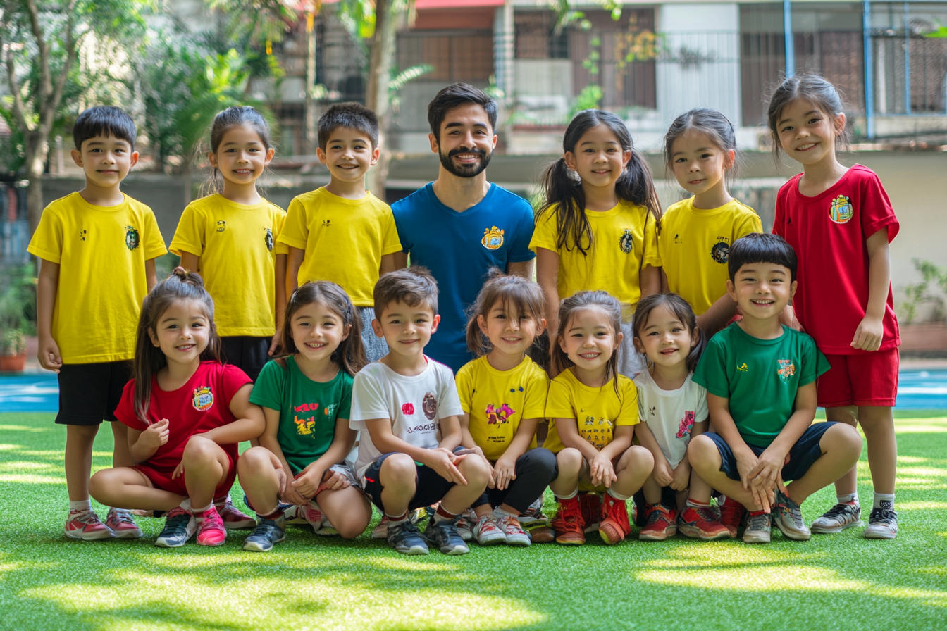 Photo of kindergarten children with teachers in formation.