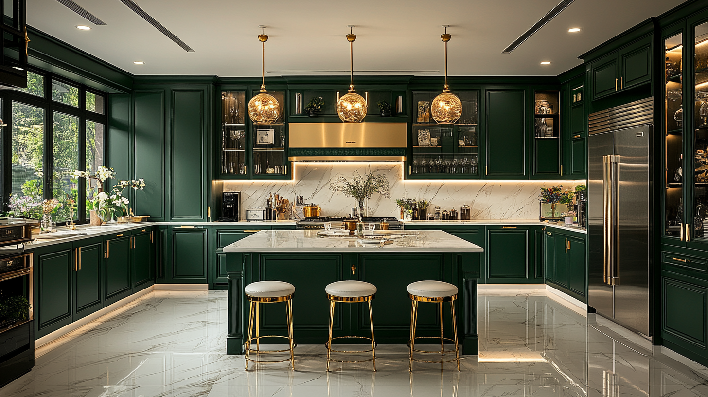 Photo of luxurious kitchen with green cabinetry and marble.