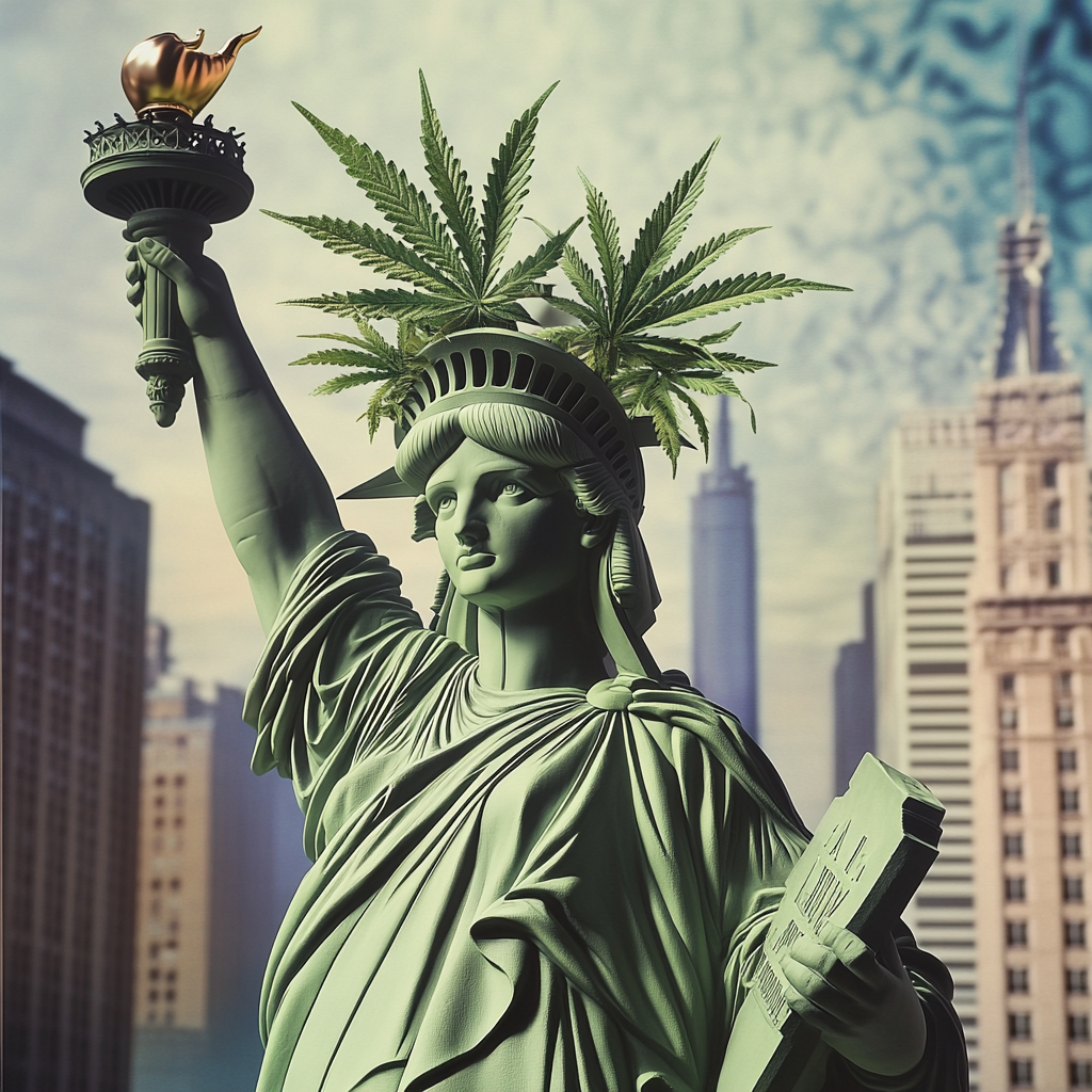 Photograph of Statue of Liberty with cannabis crown.