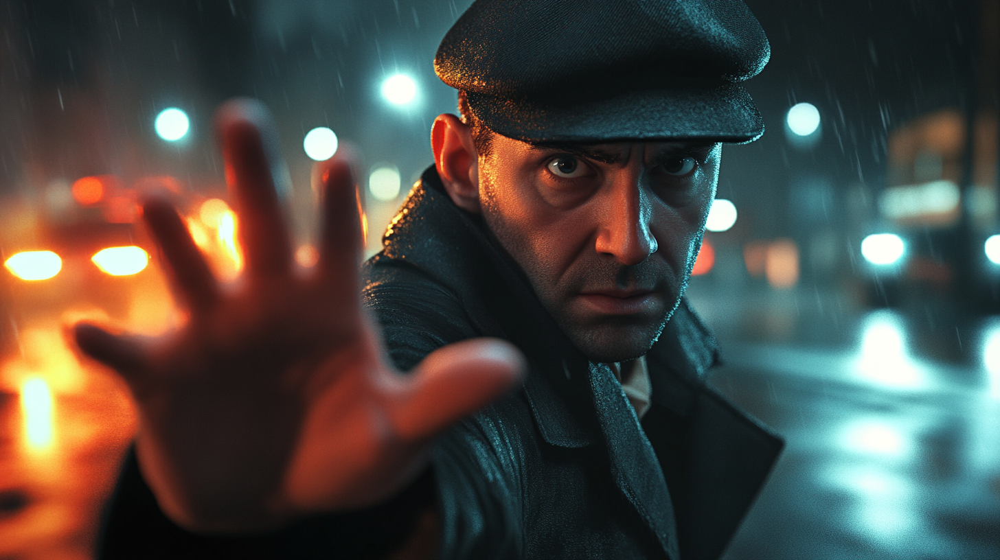 Photograph of detective man in night city.