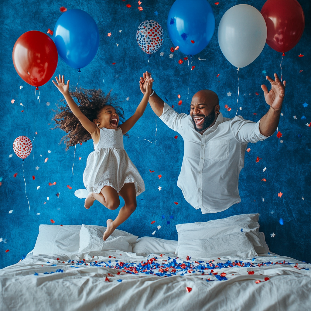 Photograph shows happy African American dad and daughter.