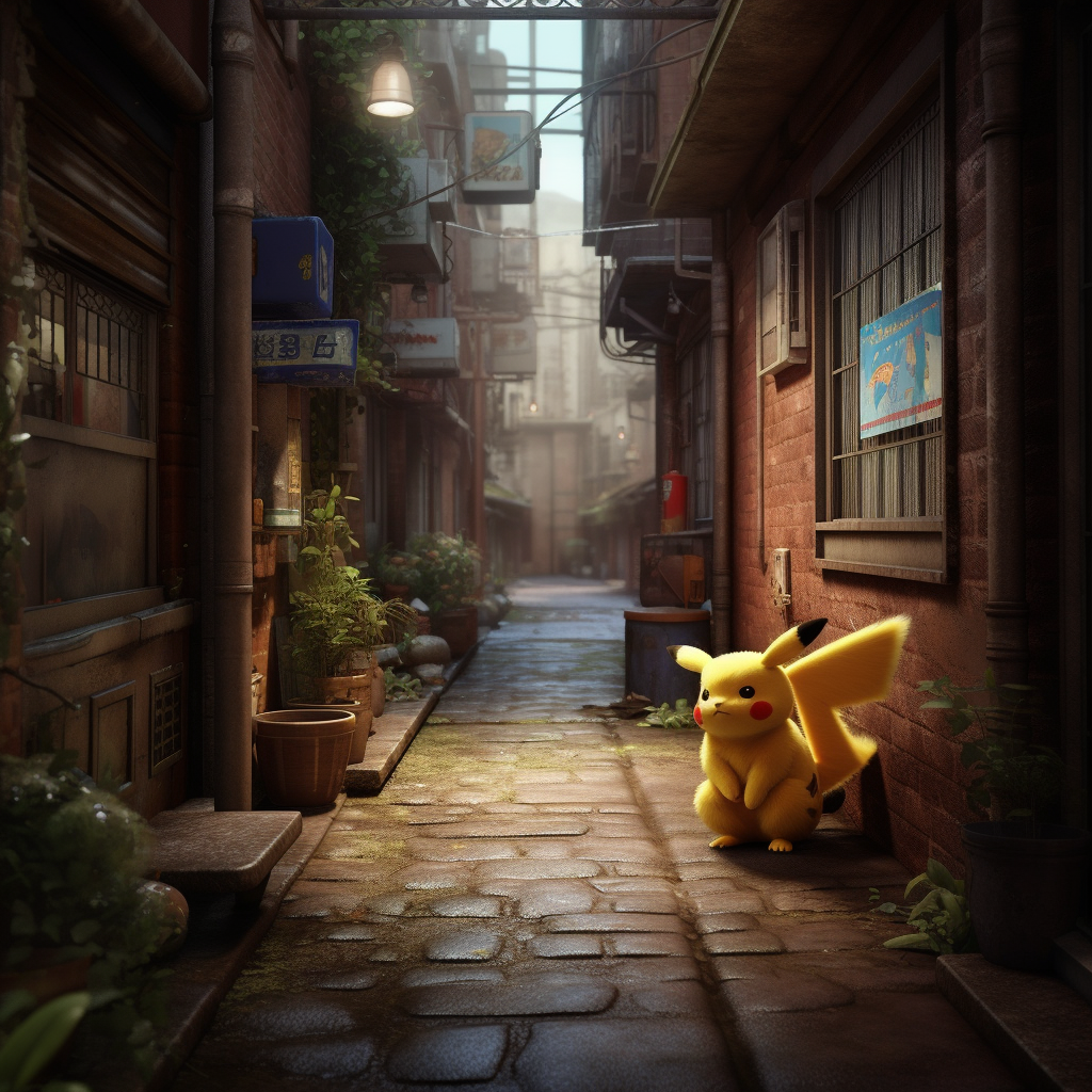 Photorealistic Pikachu with fluffy fur in Japanese alleyway