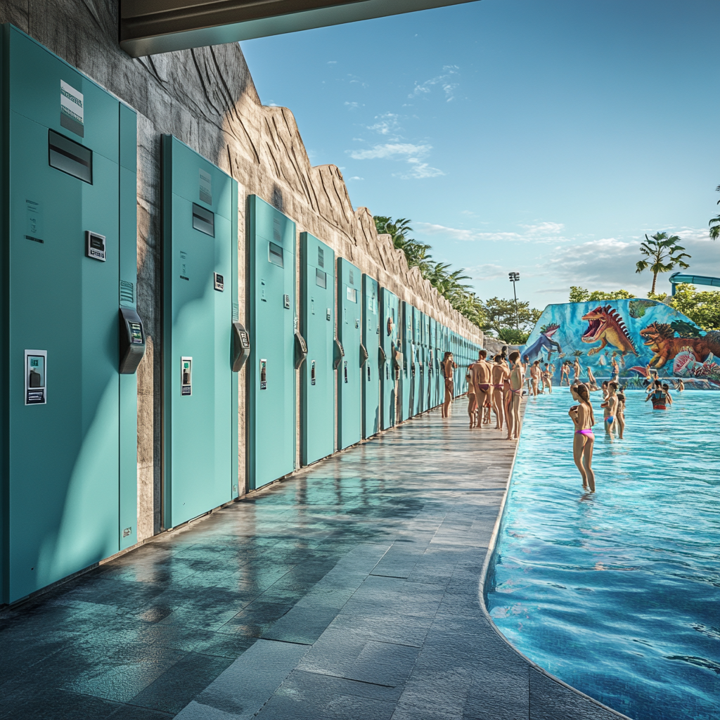 Photorealistic image of RFID lockers in waterpark setting.