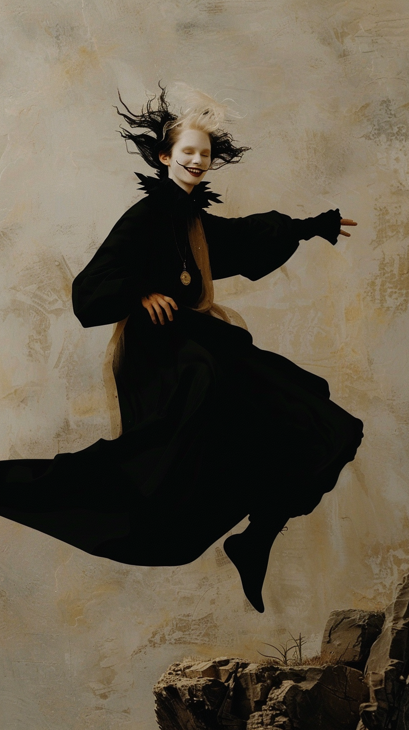 Photorealistic minimalist tarot character 'the fool' laughing.