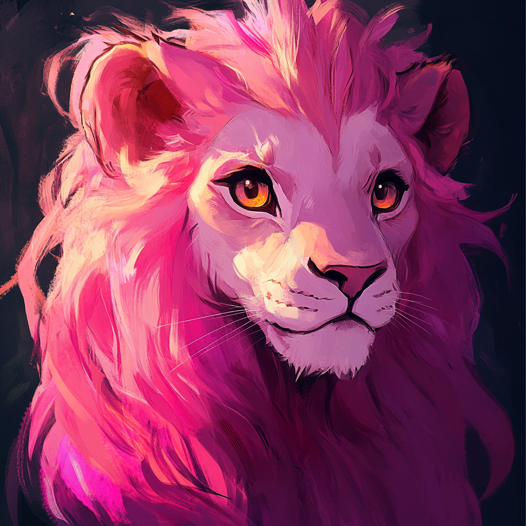 Pink lion with long hair, big eyes, bright colors.