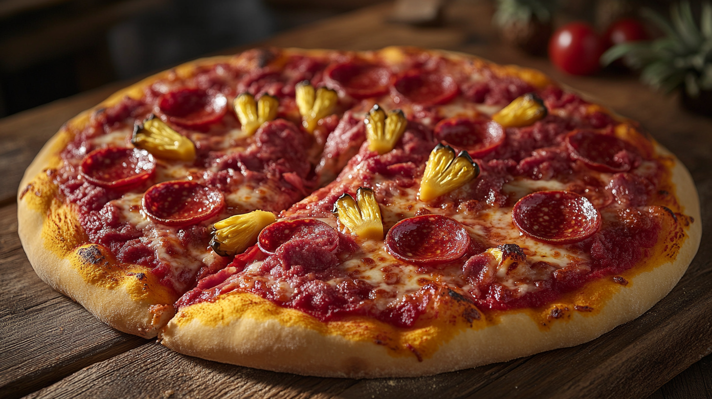 Pizza shaped like two feet with pepperoni and ananas.