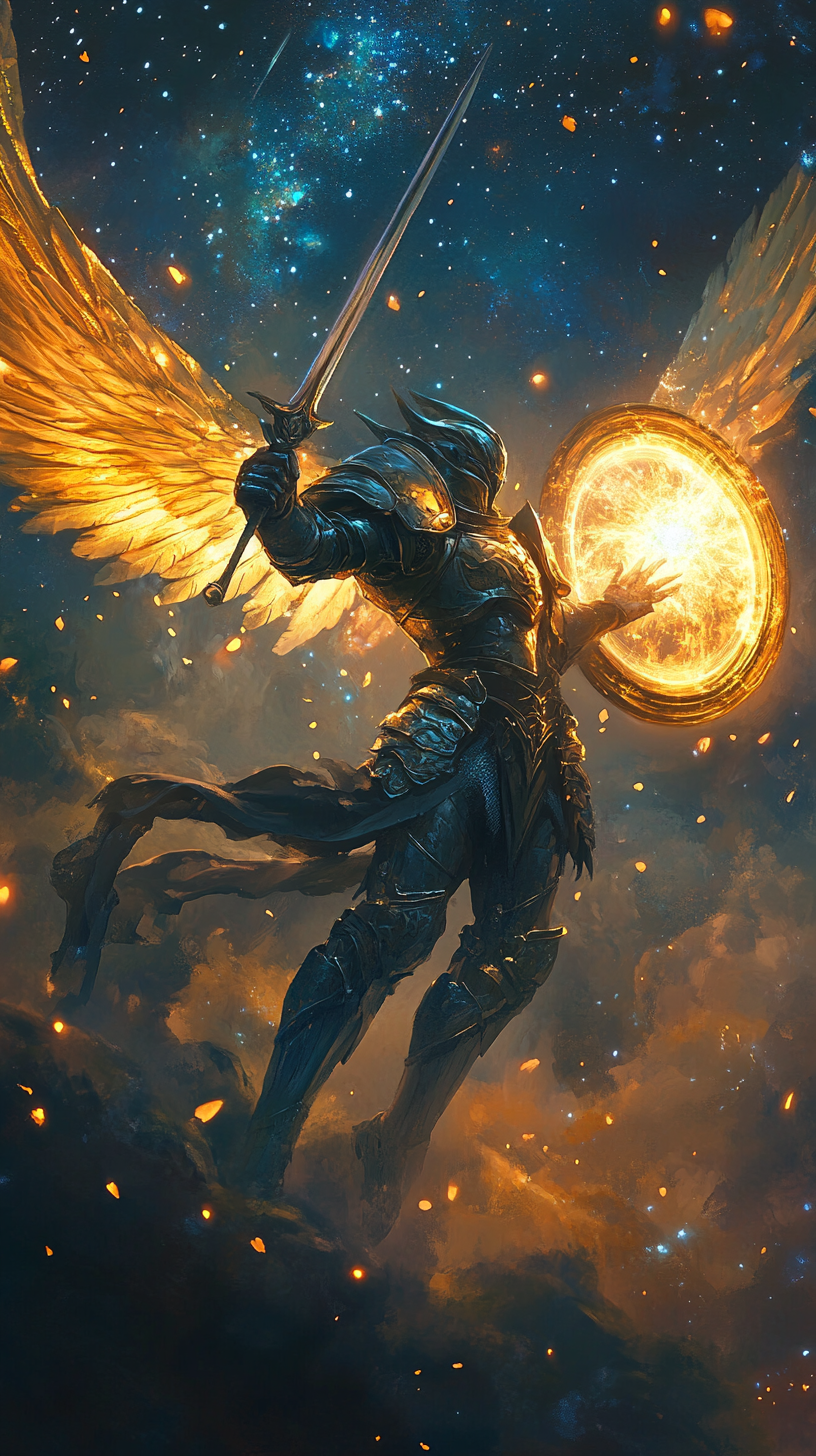 Plate armored flying humanoid casting radiant spell illustration