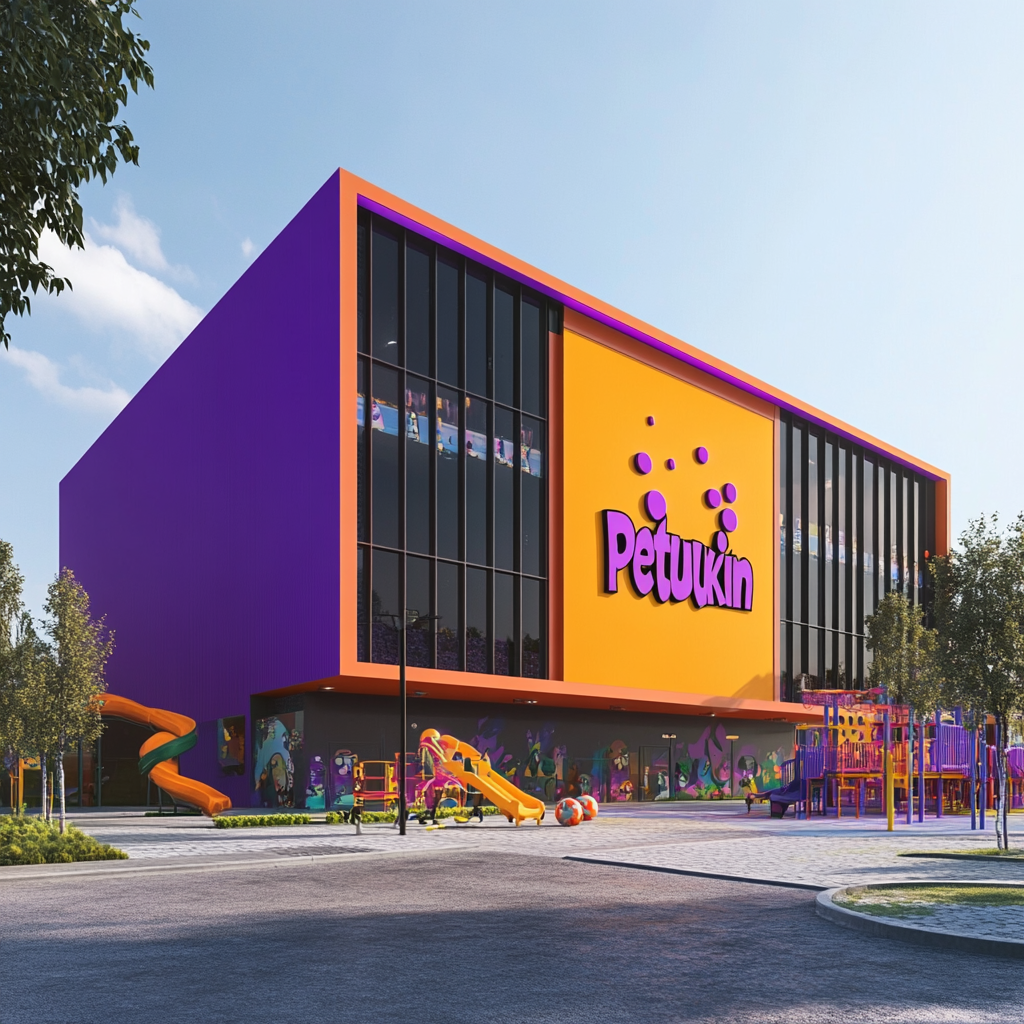 Playroom facade with purple and orange colors, Petukin character