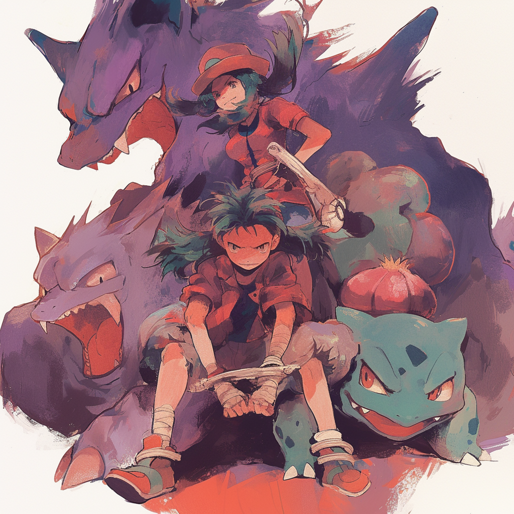 Pokemon trainers tied up, scared, in watercolor style painting.